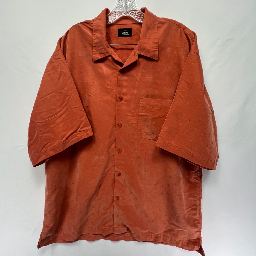 Haggar Mens Short Sleeve Button Up Shirt Burnt Orange Jacquard Camp Collar